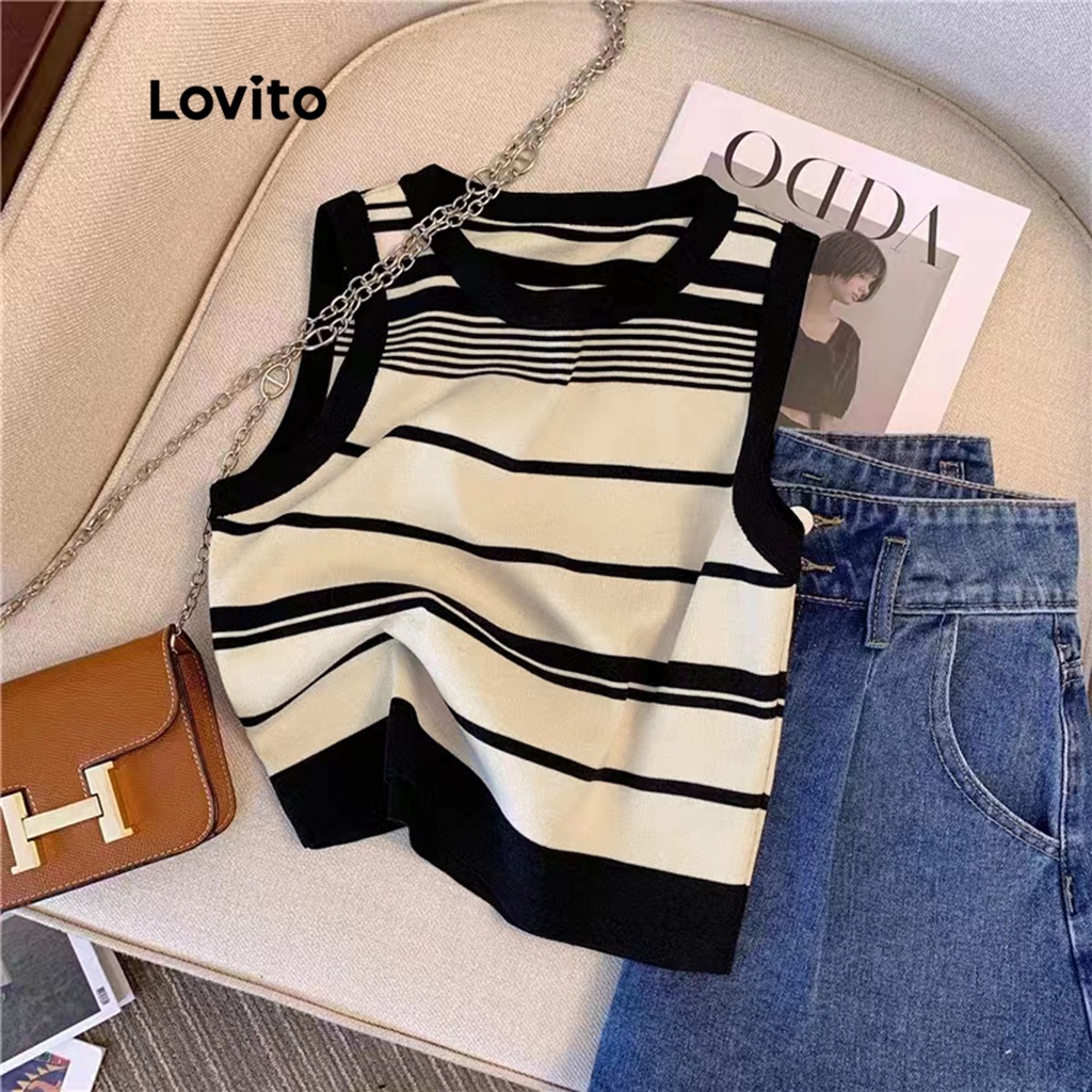 Lovito Casual Blusa Feminina Listrada de Tricô Sem Mangas com Gola Contrastante LNA07134 (Rosa/Preto e Branco)