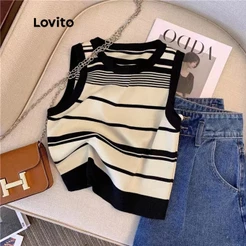 Lovito Top De Malha Casual Listrado Com Gola Contrastante Sem Mangas Para Mulheres LNA07134 (Rosa/Preto e Branco)