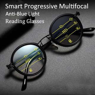 Óculos De Leitura Multifocais Retro Progressivos Homens Mulheres Anti-Luz Azul Sem Parafusos Hipermetropia Metal Round Frme + 1.0 + 4.0