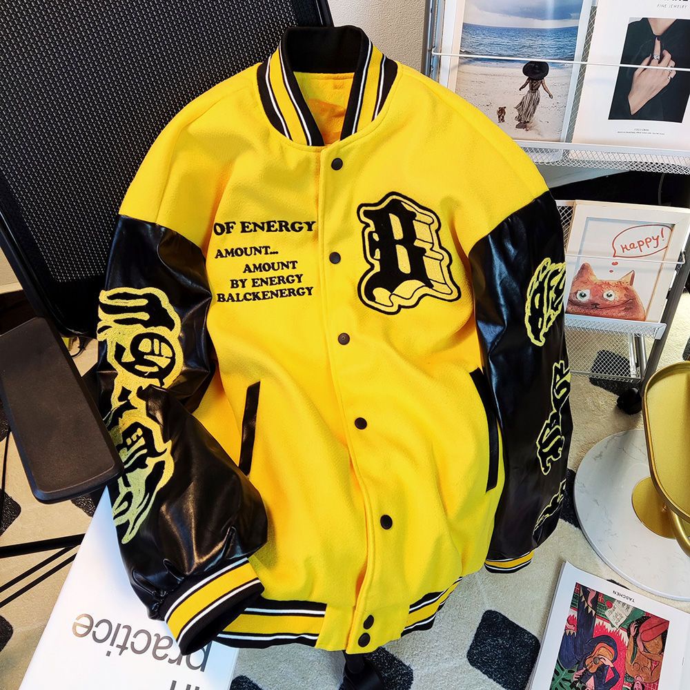 Jaqueta De Baseball Vintage Moda Bordado Em Manga De Couro Solto