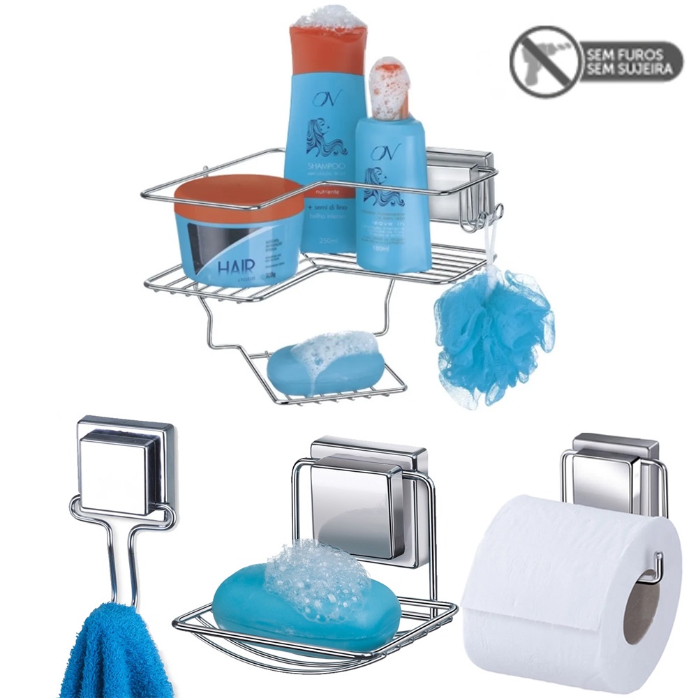 Kit 4 Pecas Porta Shampoo Sabonete Papeleira Gancho Fixação Ventosa Sem Furos Cromado Arthi