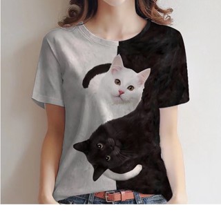 Camiseta Harajuku 3D Gato Impresso Mulher Nova Manga Curta Pescoço Redondo