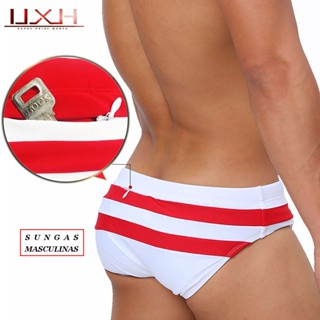 Sungas Masculinas Cuecas Breves Masculinos Listras De Cor Correspondente Às Costas Com Zíper E Bolso Pequeno , Simples sexy Respirável