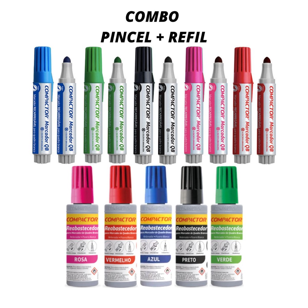 Kit Com 5 Marcadores de Quadro Branco + 5 Reabastecedor - COMPACTOR em Oferta na Shopee