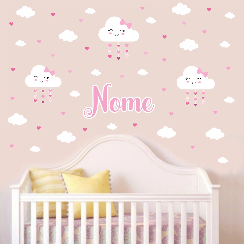 Kit Adesivo de Parede Chuva de Amor Nome Personalizado - Adesivo de Parede Infantil Nuvem - Decoração Quarto de Menina