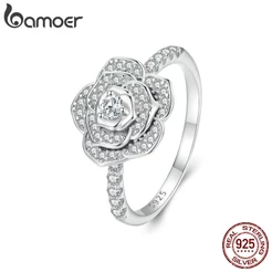 Bamoer 925 Sterling Silver Light Luxury Rose Ring Jóias De Moda Para Mulheres