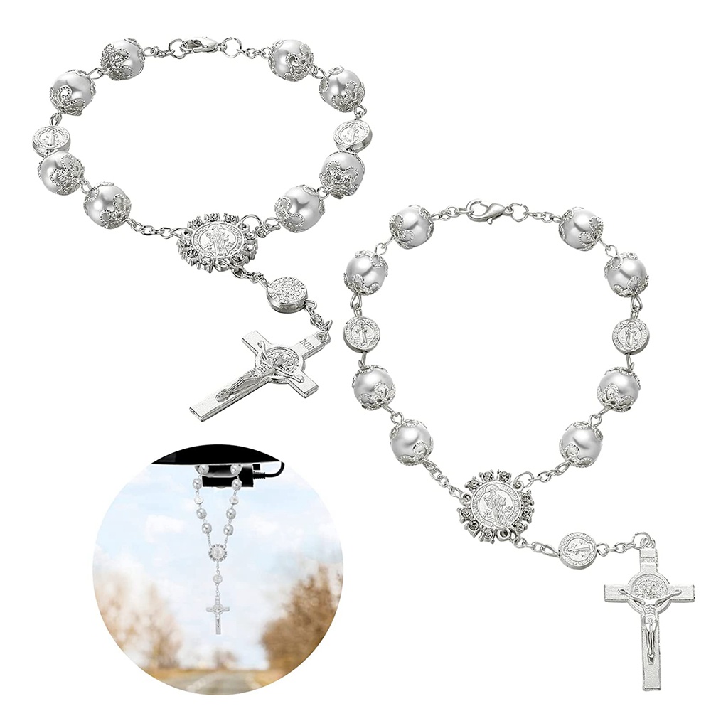 Espelho Retrovisor Automóvel Rosário Feminino Homens Contas Católicas Medalha De Carro E Acessórios De Pendurar Cruz Para Decoração De Interiores De Espelhos (Branco) em Oferta na Shopee