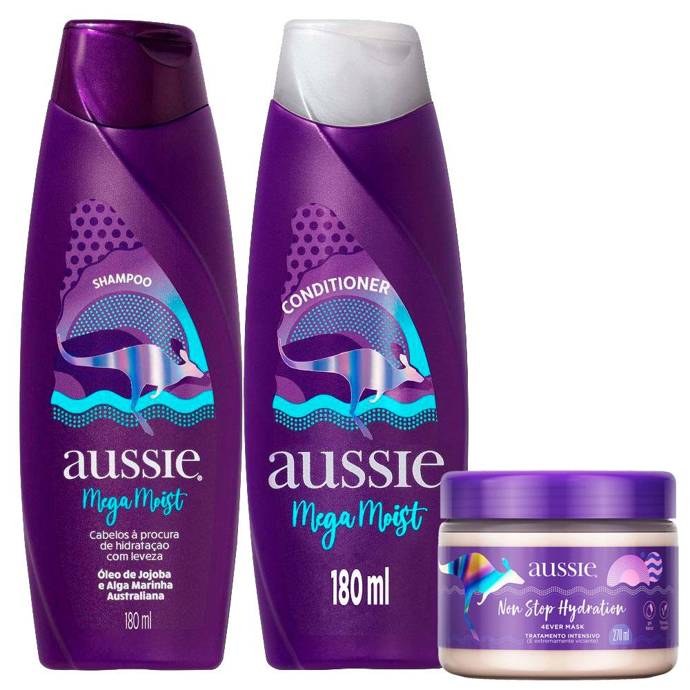 Kit Shampoo Aussie Mega Moist Super Hidratação 180ml + Condicionador 180ml + Máscara de Tratamento Aussie Non Stop Hydration 270ml em Oferta na Shopee