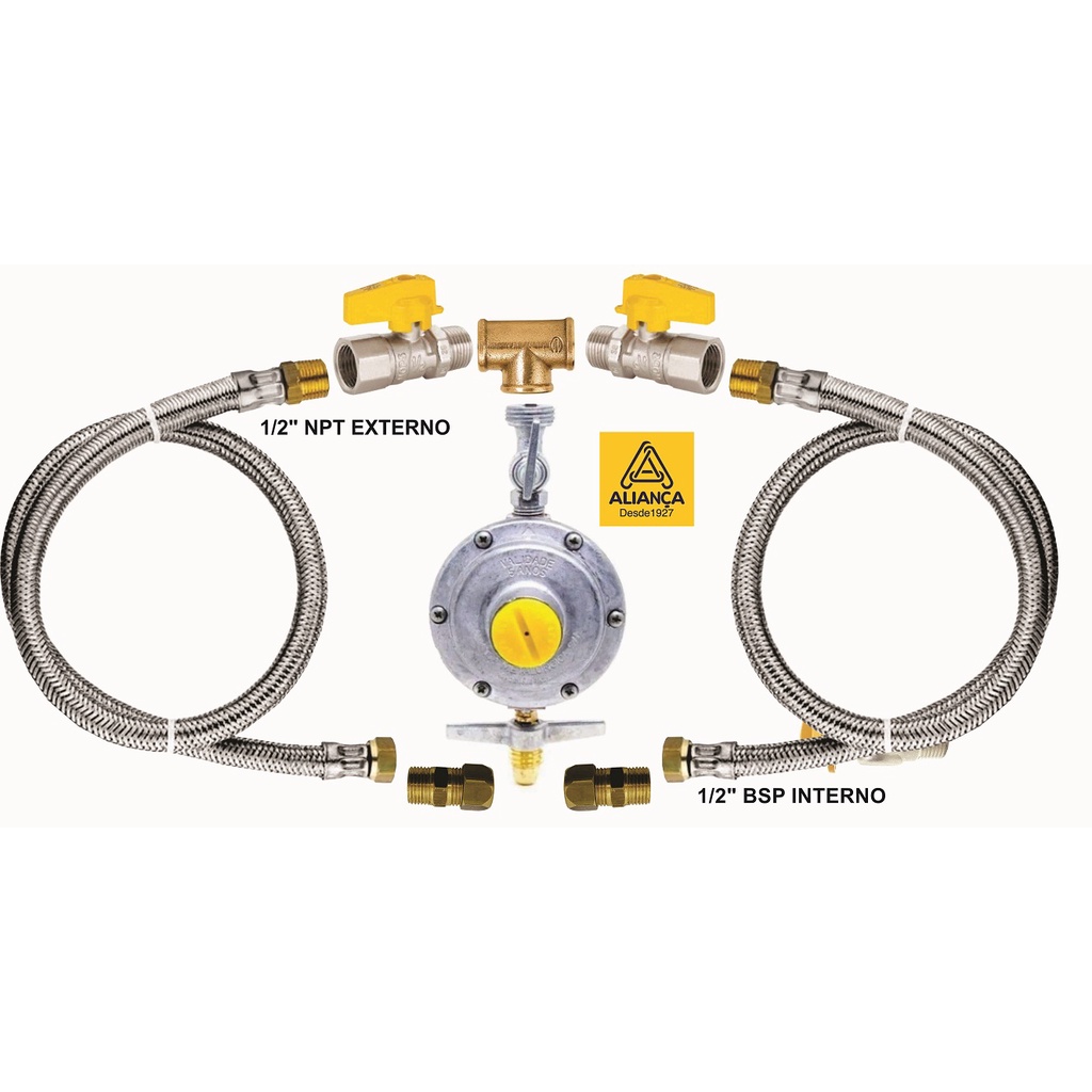 kit completo regulador registro 2kg dupla saída de gás fogão forno cooktop 2 mangueiras 80 cm