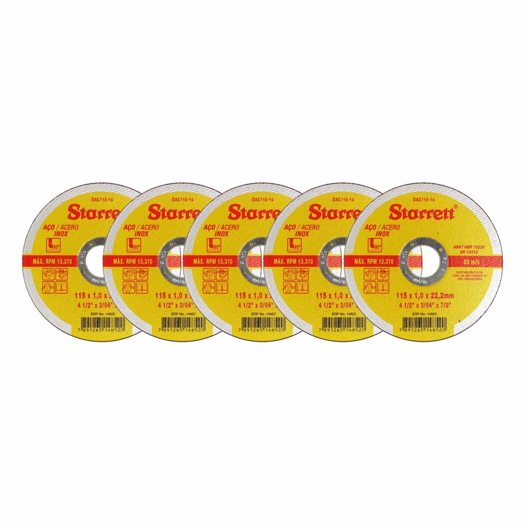 Kit 5 Discos De Corte Starrett Inox 115mm 4.1/2 x 1mm Extra Fino Profissional