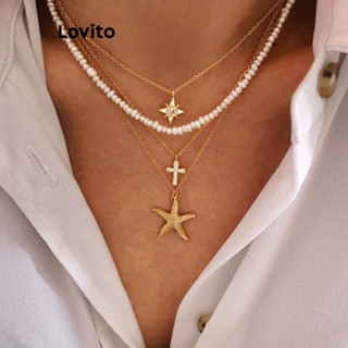 Lovito Casual Colares de Pérolas Estrela Crucifixo Starfish para Mulheres L57AD094 (Ouro)