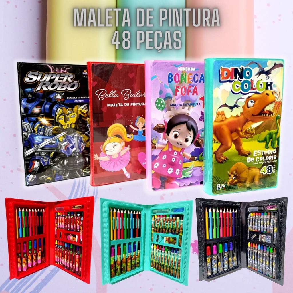 Estojo Maleta kit Pintura com 48 Peças Infantil Canetinhas Giz Lápis