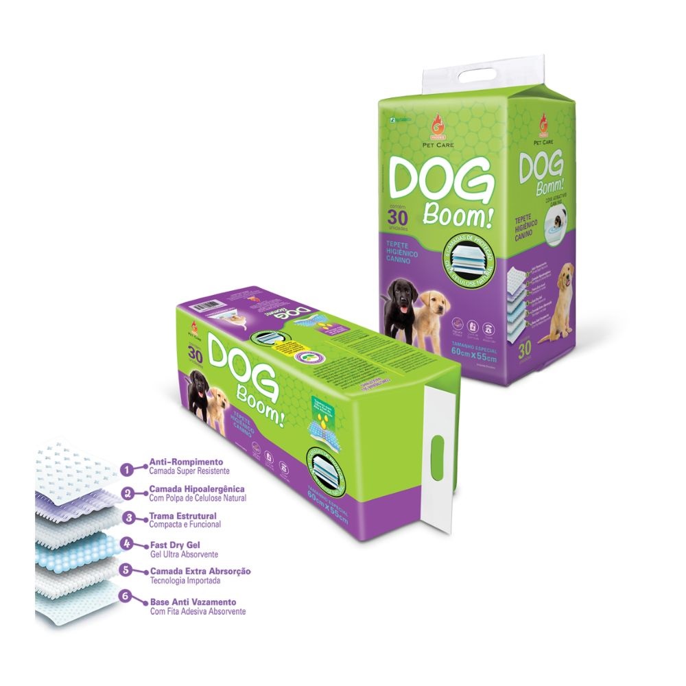Tapete Higiênico Canino Descartável Dog Boom 60X55CM C/30 Un