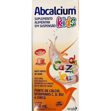 Suplemento Infantil Abcalcium Kids Rico em Cálcio e Vitaminas Suspensão 240ml Airela Sabor Morango Fortalecimento Infant
