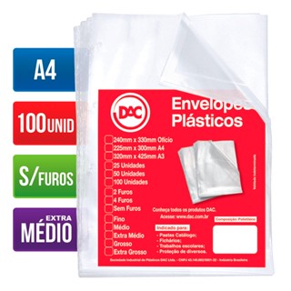 Envelope plástico A4 0.12 s/furos 5177A4 Pct 100 unid Dac
