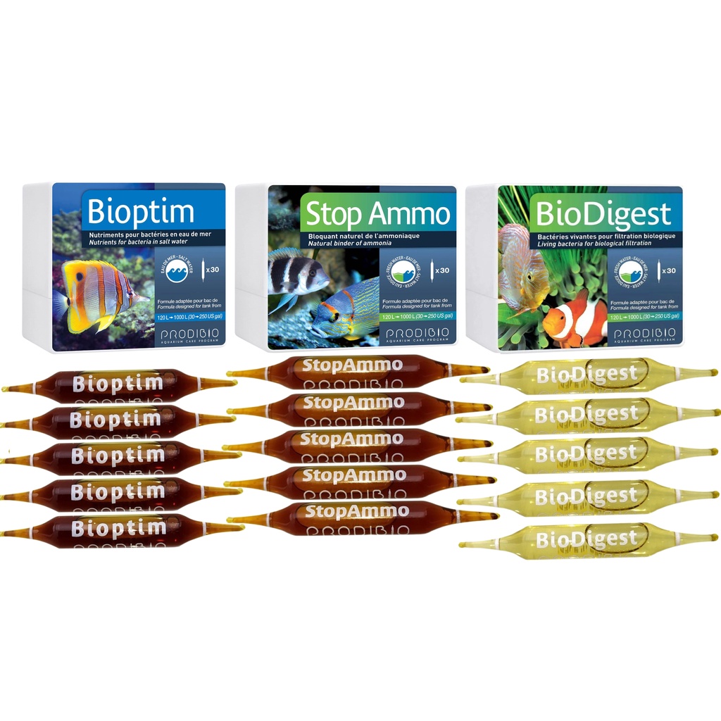 15 Ampolas Pro. 5 Stop Ammo +5 Biodigest +5 Bioptim Ace.Bio. Elimina Fosf.Nitr. Aquá. Doce e Marinho