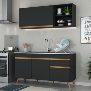 Cozinha Compacta Veneza GB Multimóveis MP2079 com Armário e Balcão Preta