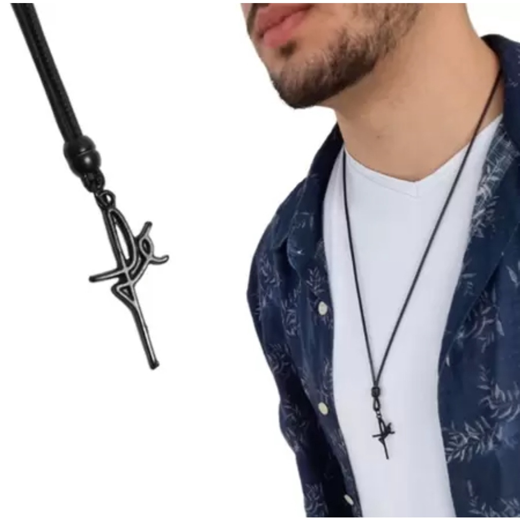 Colar Cordão Longo Fio Couro Encerado Ajustável com Pingente Aço Inox All Black Manuscrito Fé Masculino/Feminino Moda