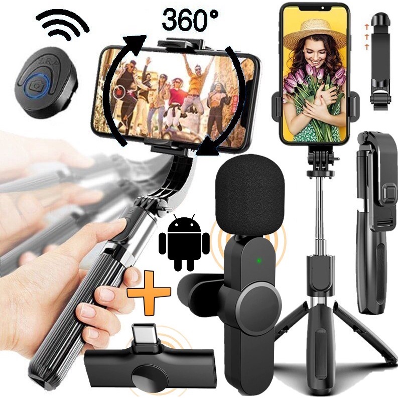 Estabilizador Monopé Tripé Suporte de Celular Smartphone Microfone Lapela Sem Fio Profissional Android Tipo C Universal
