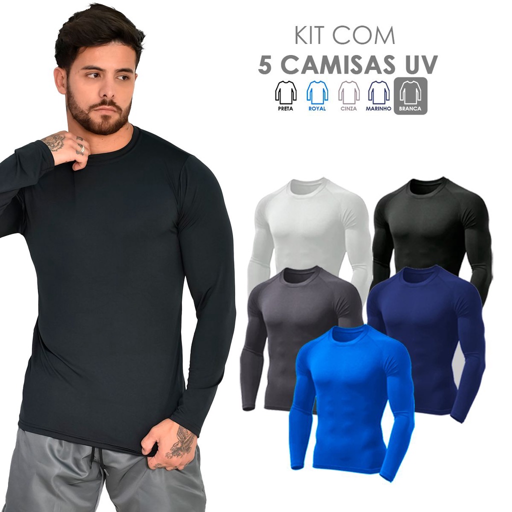 Kit 5 Camisseta Blusa Masculina Manga Longa Camiseta Segunda Pele Proteção Solar Fator 50 UV Blusa