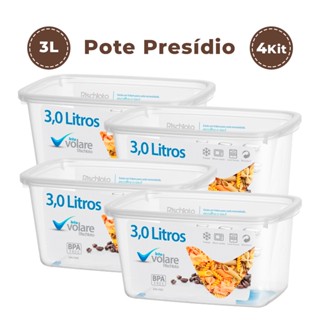 POTE RETANGULAR VOLARE 3,0 LITROS KIT 4 Unidades Conjunto PRESIDIO Plástico Marmita Salada Fit Microondas Freezer Livre BPA