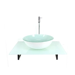 KIT CUBA DE VIDRO REDONDA COM TAMPO 60CM BRANCO FULL E SUPORTE PRETO