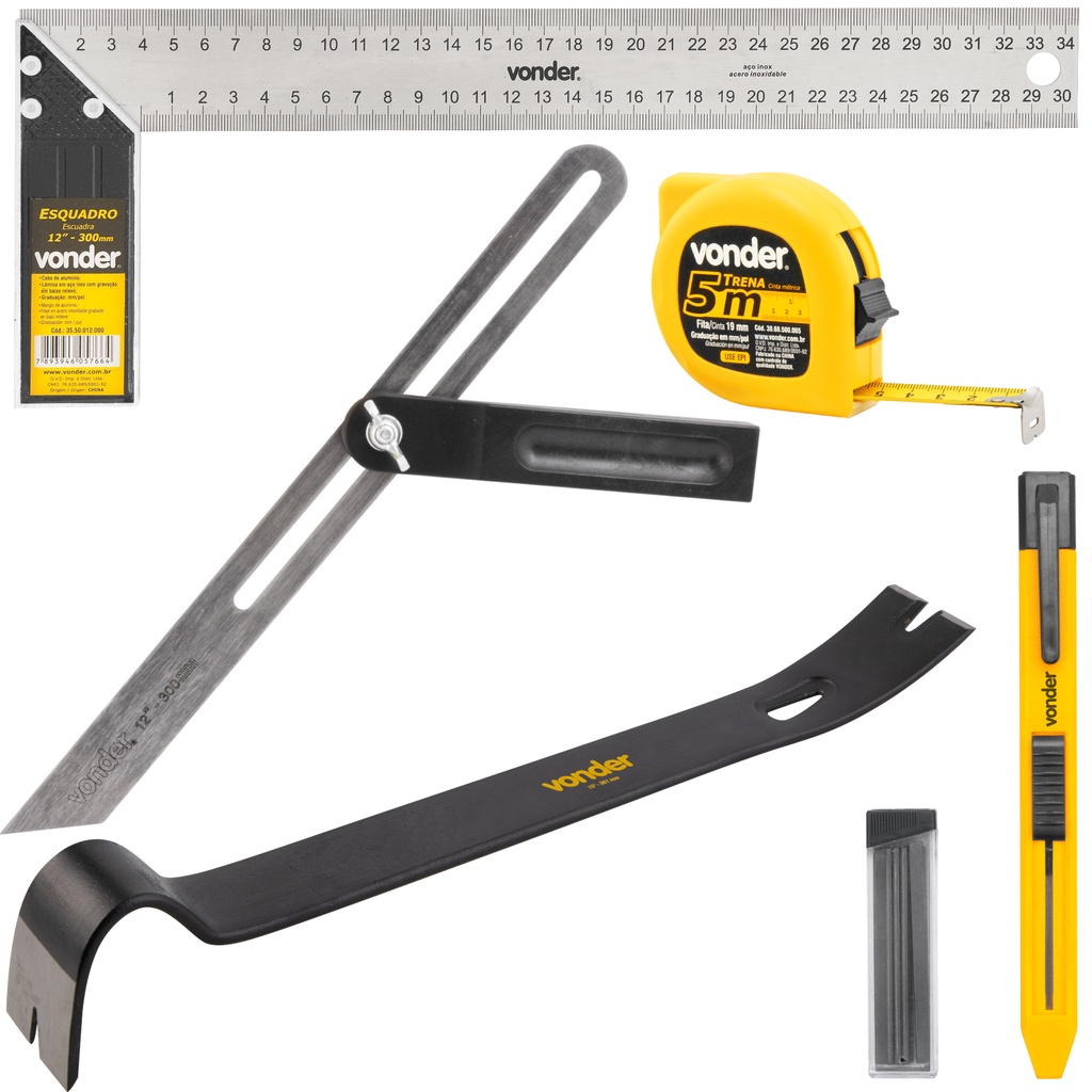 Kit Carpinteiro Suta Esquadro 12 Trena Lapiseira Pé de Cabra
