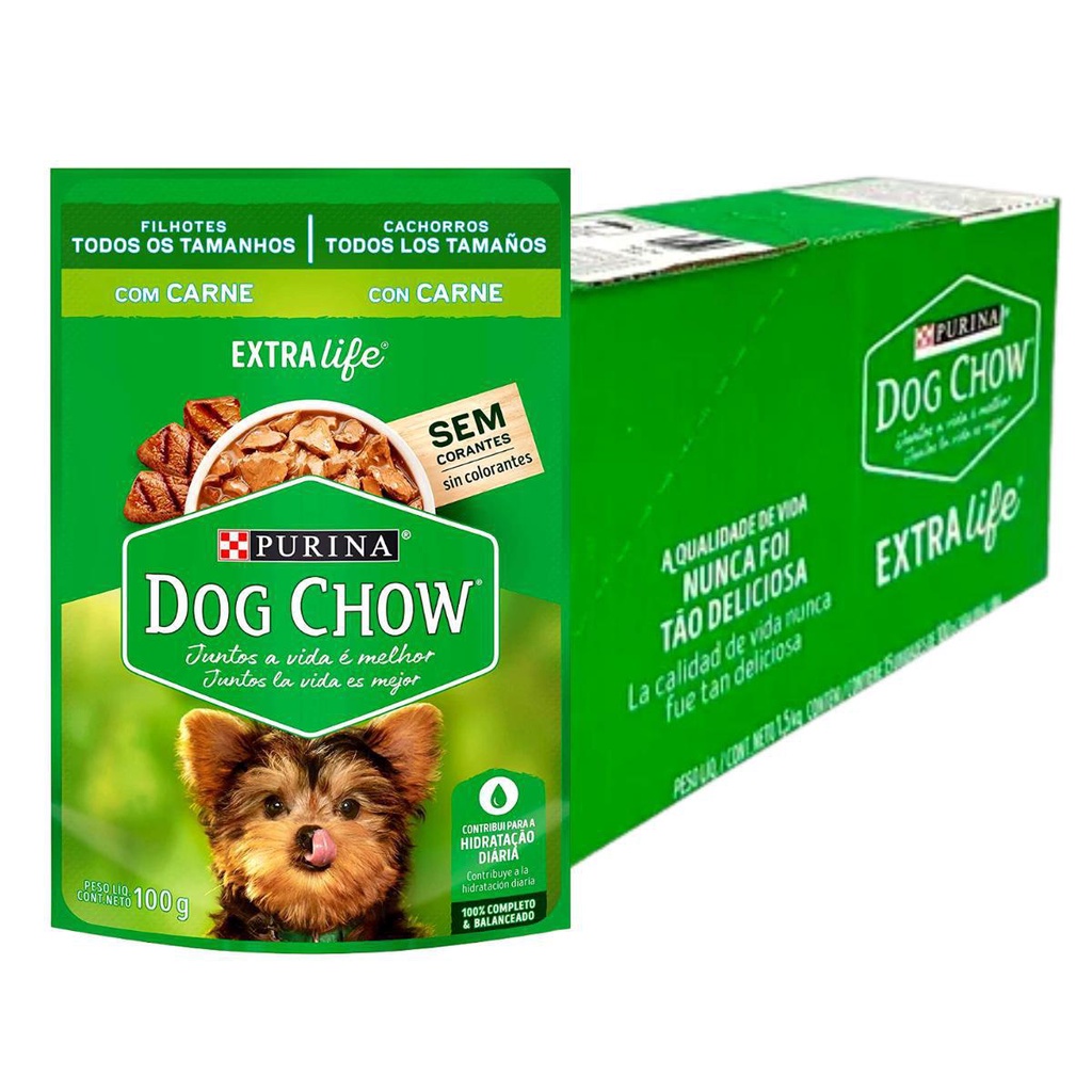 Caixa 15 Un. Ração Úmida Dog Chow Para Cães Filhotes Carne 100g