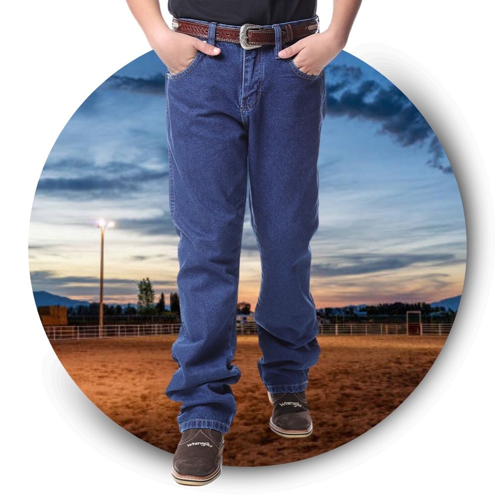 Calça Infantojuvenil Wrangler Jenas Azul Escuro Country Para Criança Usar em Rodeio Com Bota Botina