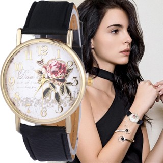 Relógio De Pulso De Quartzo Feminino Rose Pattern PU Fashion Casual Novo