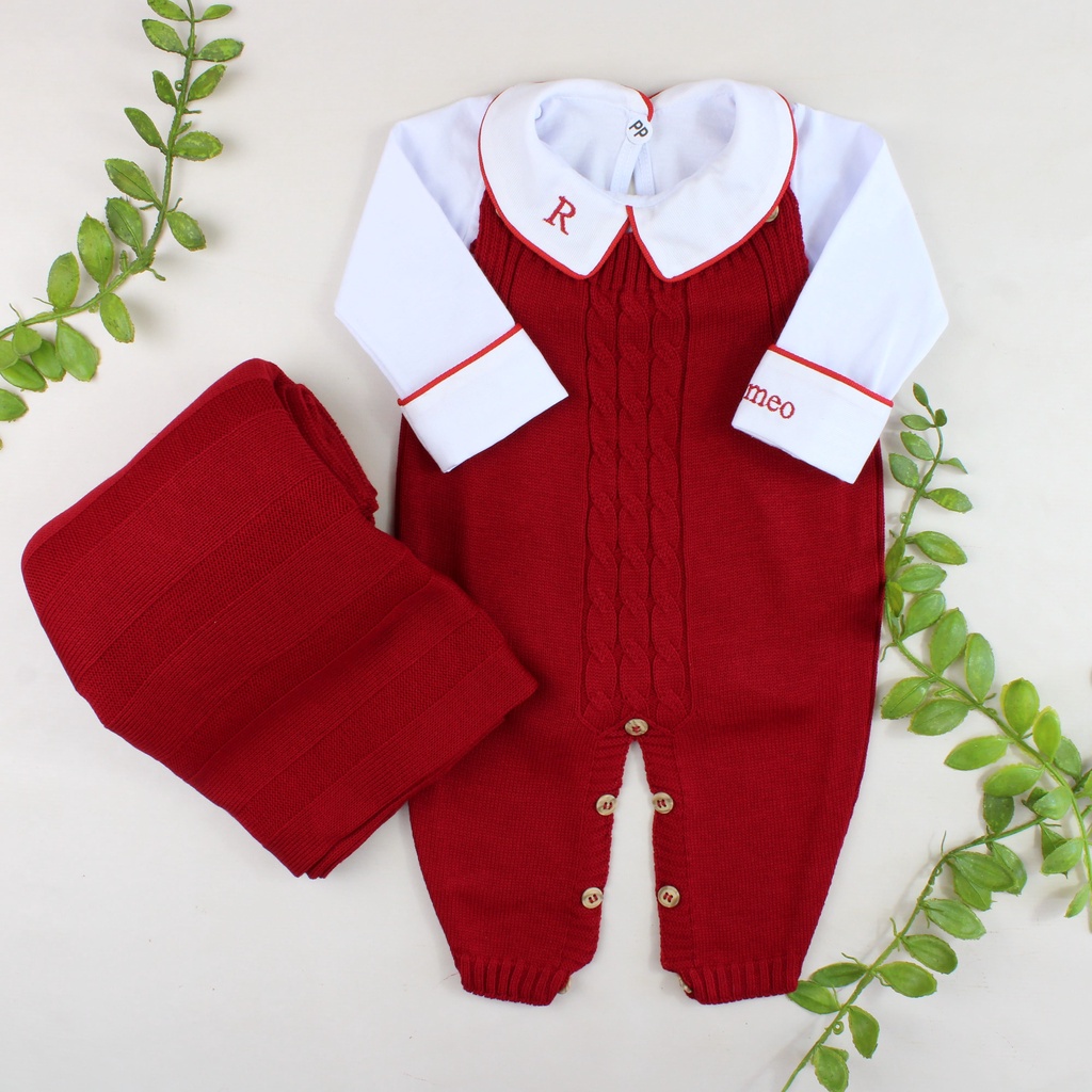 Saída De Maternidade Masculina Bebê Tricô Caio 3 Peças - BODY PERSONALIZADO - Vermelho