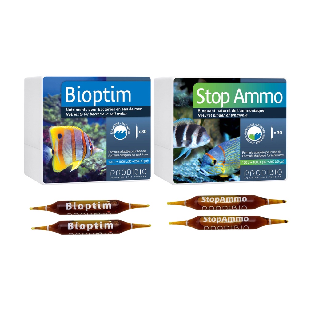 4 ampolas Prodibio Sendo 2 Bioptim + 2 Stop Ammo Biologia para Aquários de Água Doce e Marinhos