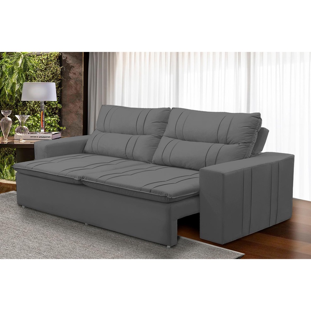 Sofá Retrátil e Reclinável 3 lugares com Molas 1,80m Ester Suede Cinza Adonai Estofados - Home & Living