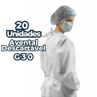 Avental Descartável G30 TNT - 20 Unidades - Manga Longa Branco Gola Careca - Cirurgico Hospitalar - Avental Cirúrgico - Gramatura 30