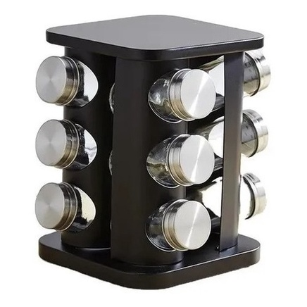 Porta Tempero Inox Preto 12 Potes Em Vidro Giratório em Oferta na Shopee