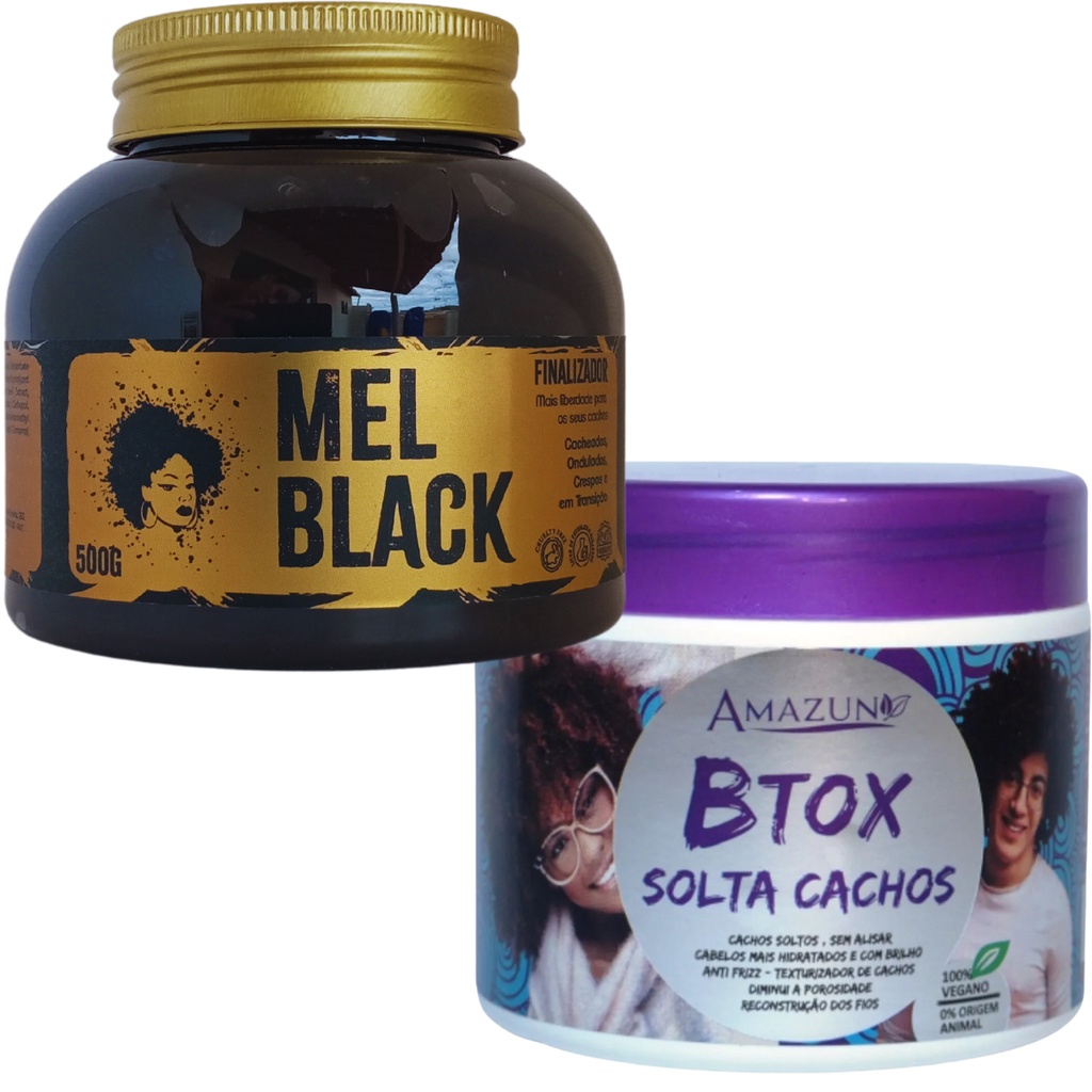 Botox Solta Cachos Anti Frizz 500g Amazun + Mel Cola Finalizador de Cachos Mel Black 500g