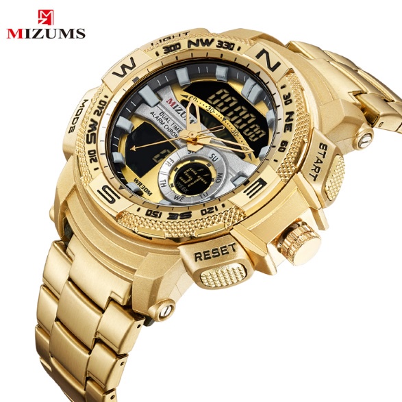MIZUMS Relógio De Quartzo Militar LED Digital Sport Gold Com Duplo Display Em Aço Inoxidável