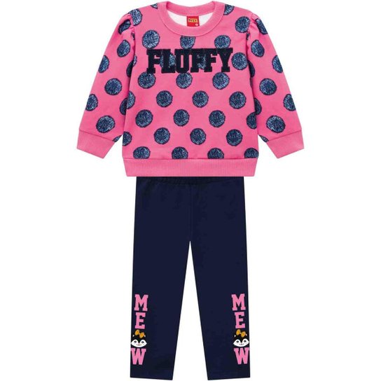 Roupa Infantil Blusa Moletom Flanelado Rosa Fluffy Kyly Calça Legging Quentinha Conjunto Inverno