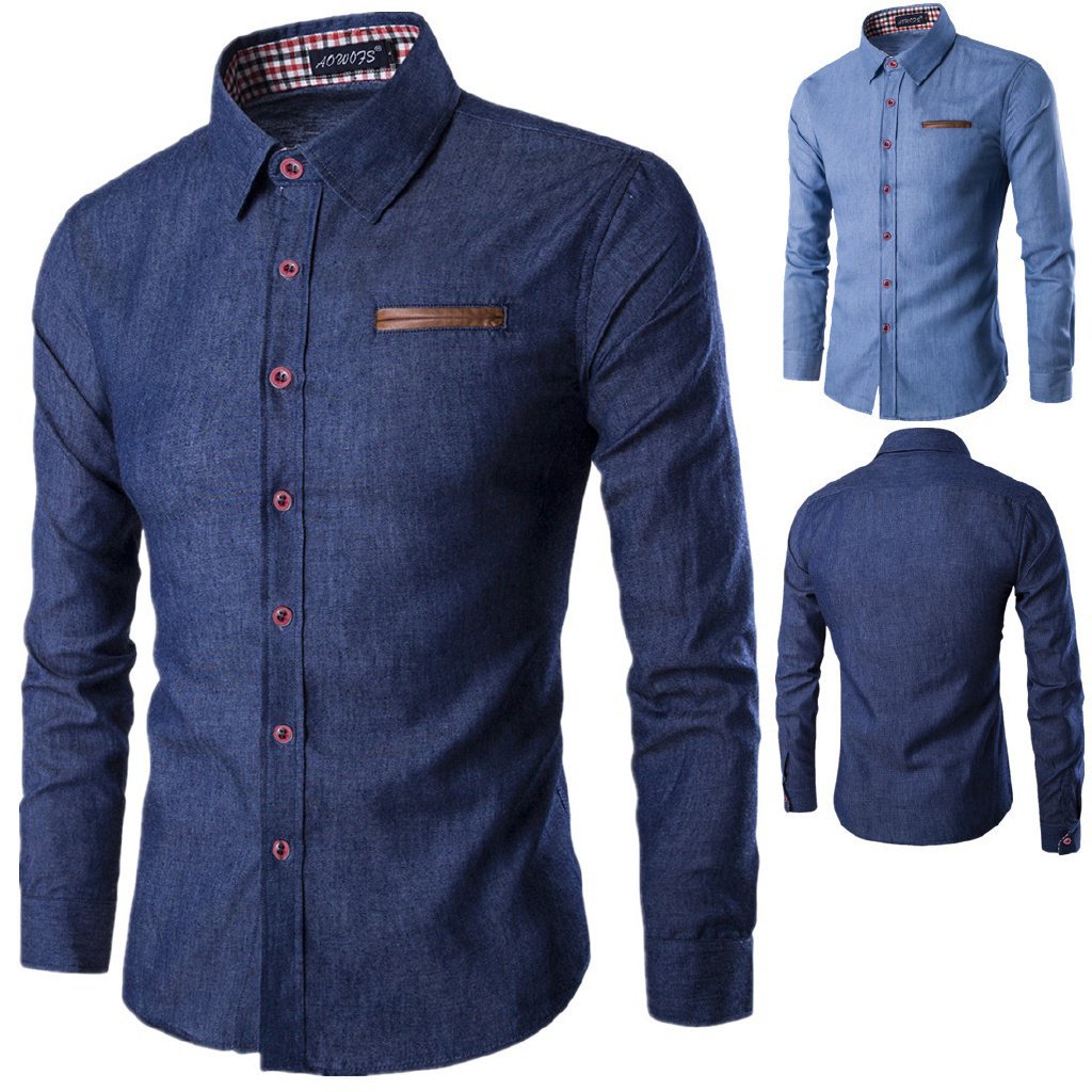 Camisa Social Masculina Manga Longa Camisa Jeans Camisa Masculina De Manga Comprida De Couro Com Bolsos Para Verão Camisa com botões