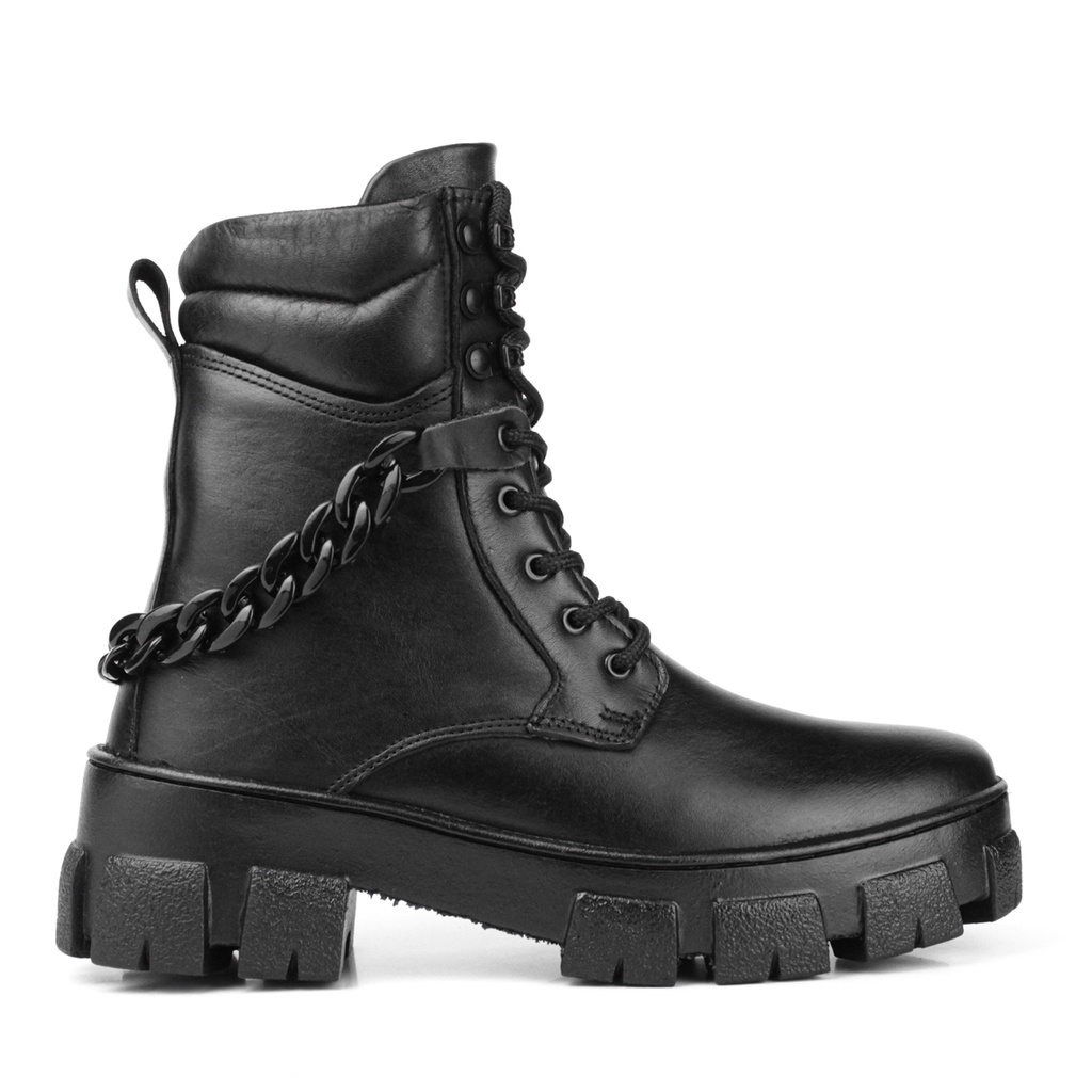 Bota Coturno Couro Militar Feminino Cano Médio Solado Tratorado Corrente Casual Preto