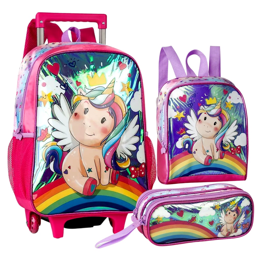 Kit Mochila de Rodinhas Unicórnio Holográfico Com Lancheira E Estojo Clio
