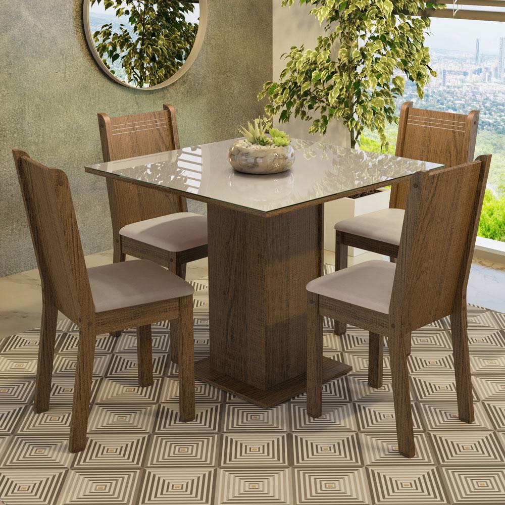 Conjunto Sala de Jantar Mesa Tampo de Vidro 4 Cadeiras Rustic/Crema/Sintético Bege Perla Madesa - Home & Living