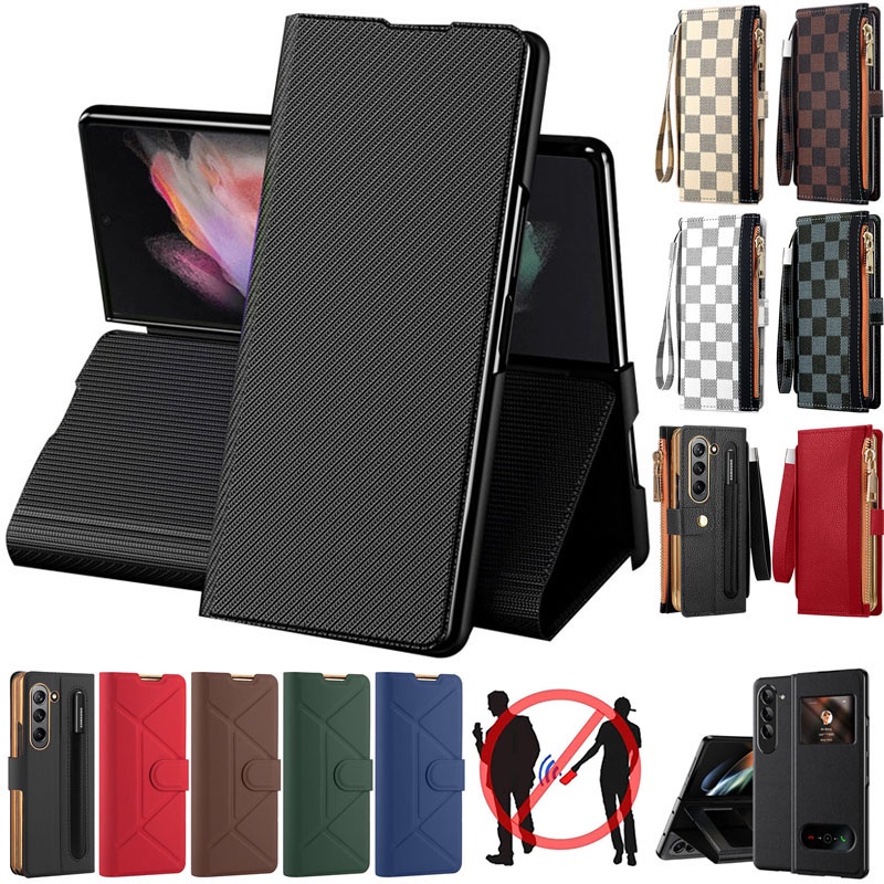 [Caixa Para Samsung Galaxy Z Fold 5 Com Porta-Cartões Fold5 Capa Vidro À Prova De Queda ZFold5 Dobradiça 5 Caixas Lápis De Bainha De Couro