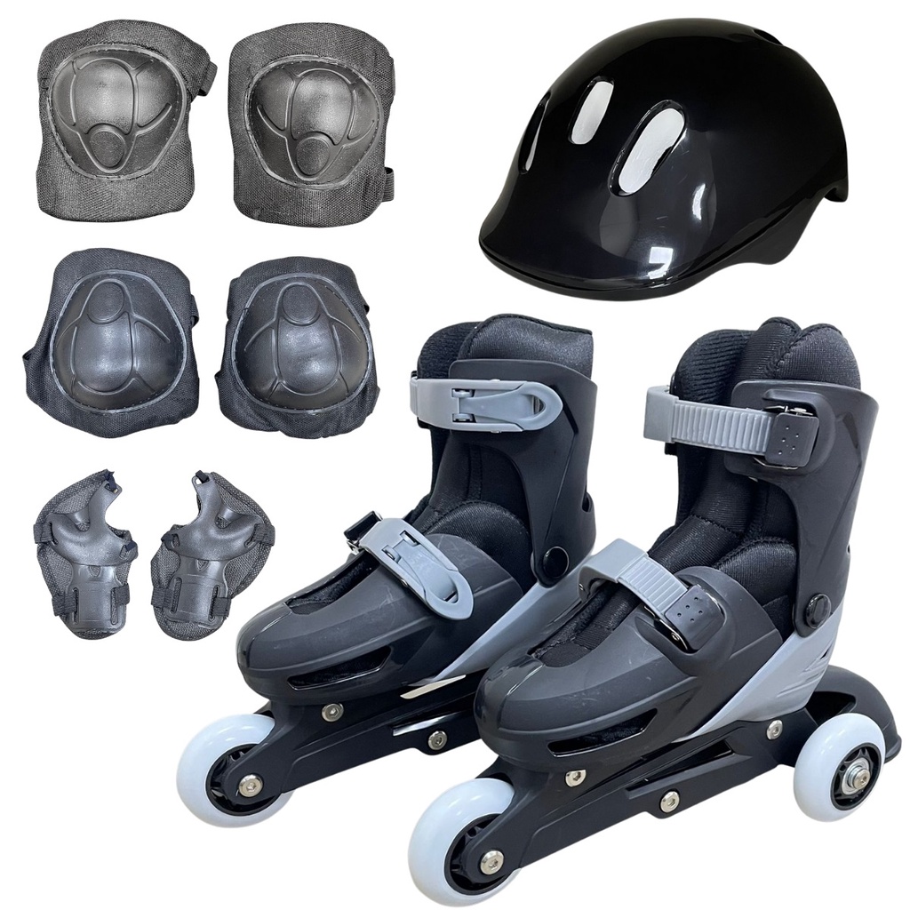 Patins 2 Em 1 Triline ou Inline Infantil 27 ao 34  Ajustável Preto +  Kit Proteção