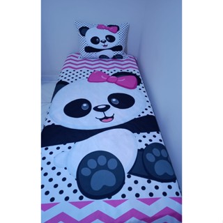 Lençol Cobre Leito Solteiro + Fronha Panda baby rosa