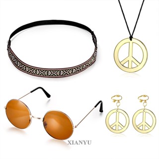 BN Conjunto De Trajes Hippie Funky Afro Headband Óculos De Sol Colar De Sinal De Paz Para A Festa Temática Dos Anos 50/60/70