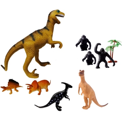Kit Brinquedo Dinossauros e Gorilas de Borracha Dino World  9 Peças