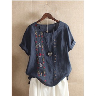 Camisa solta feminino retrô casual algodão linho bordado 93AO