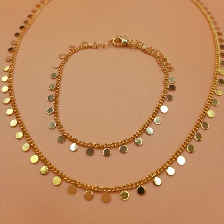 kit colar +pulseira bolinhas folheado a ouro e prata em Oferta na Shopee