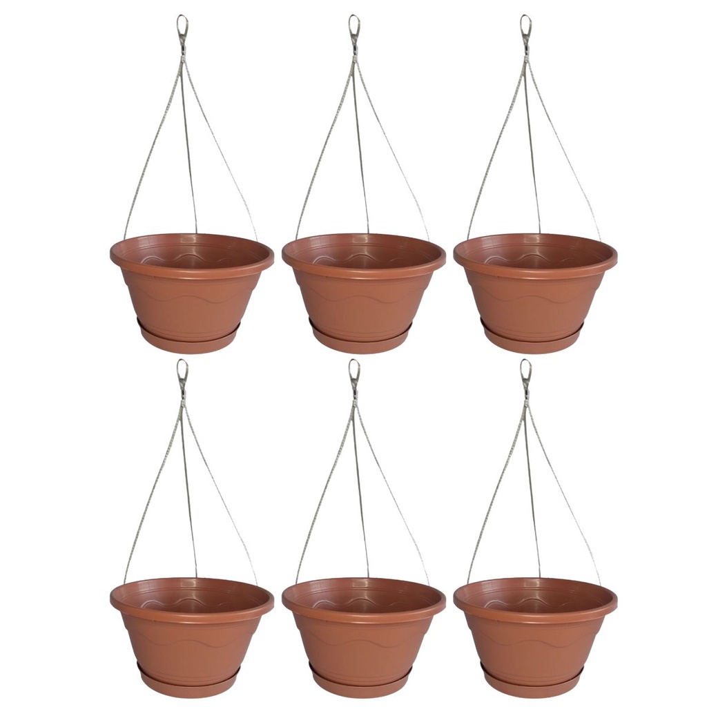 Kit 6 Vaso Cuia Suspenso Completo Com Prato e Cabo de Aço Corrente Para Pendurar Planta Samambaia Pendente 01 Médio Terracota Cerâmica - 1926